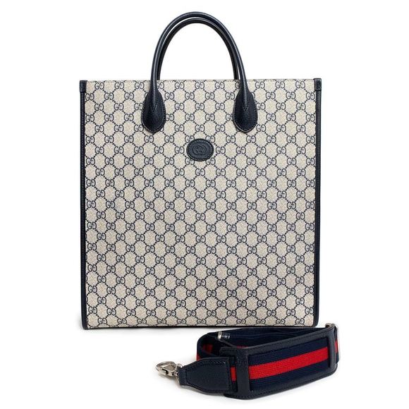 Gucci G Medium Tote Handbag Crossbody GG Supreme Navy Blue Beige - Picture 2 of 10